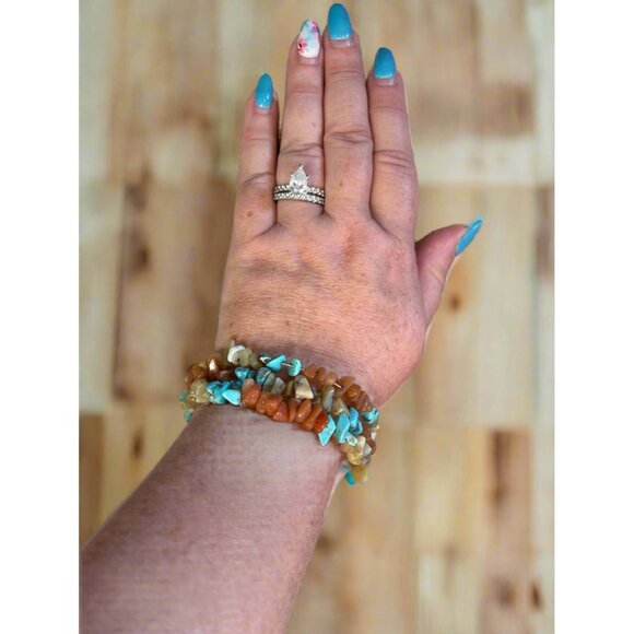 Chunky Multi-Stone Chip Stretch Bracelet – Earth Tone & Turquoise Mix - Picture 2 of 2
